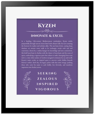Kyzen name meaning gift print in purple with black matte frame