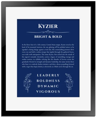 Kyzier name meaning gift print in deep blue with black matte frame