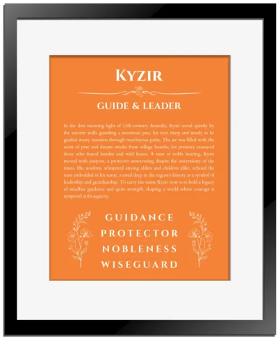 Kyzir custom name art showing meaning and origin in orange with black matte frame