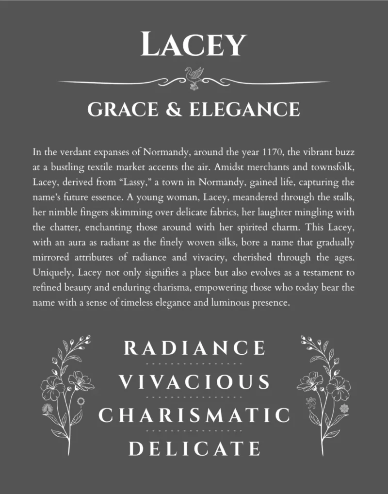 Lacey personalized name art with origin story in gray