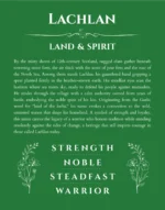 Lachlan personalized name art with origin story in dark green