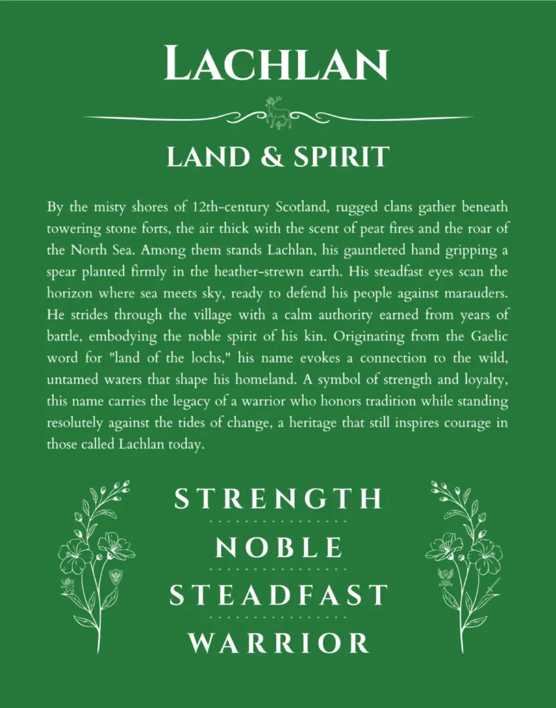 Lachlan personalized name art with origin story in dark green