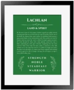 Lachlan personalized name art with origin story in dark green with black matte frame