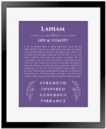 Lahiam name origin print with meaning and traits in purple with black matte frame