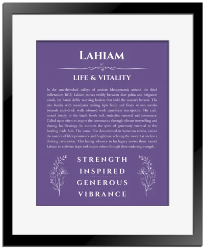 Lahiam name origin print with meaning and traits in purple with black matte frame