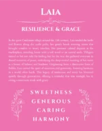 Laia name origin print with meaning and traits in pink