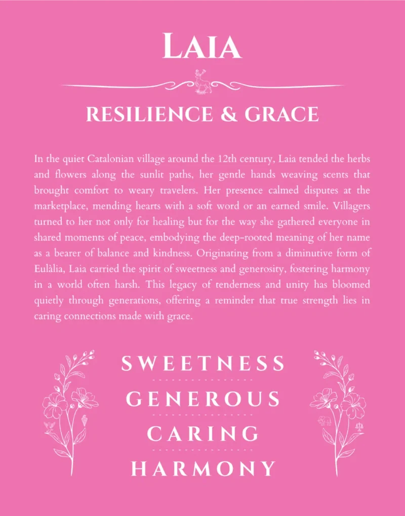 Laia name origin print with meaning and traits in pink
