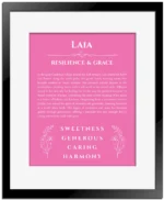 Laia name origin print with meaning and traits in pink with black matte frame