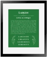 Laiken custom name print for wall display in dark green with black matte frame