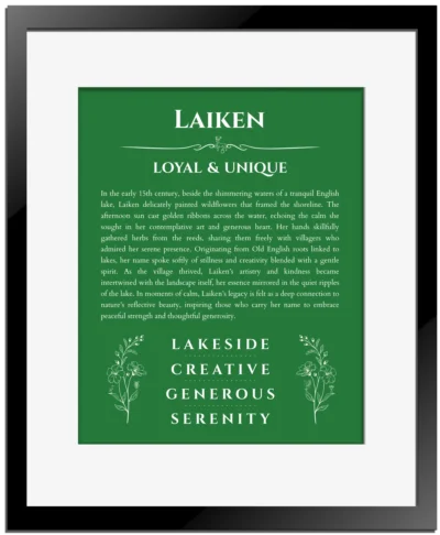 Laiken custom name print for wall display in dark green with black matte frame