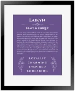 Laikyn name meaning gift print in purple with black matte frame