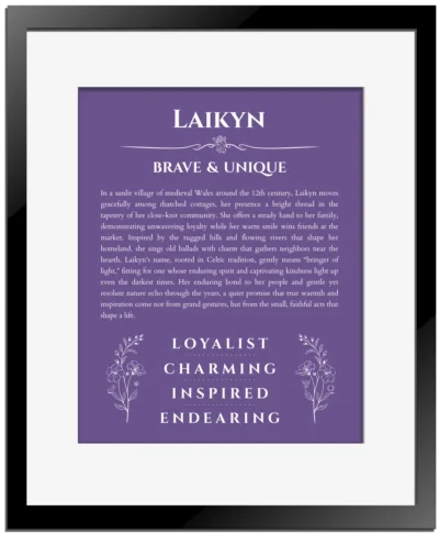 Laikyn name meaning gift print in purple with black matte frame