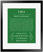 Laila personalized name meaning print in dark green with black matte frame