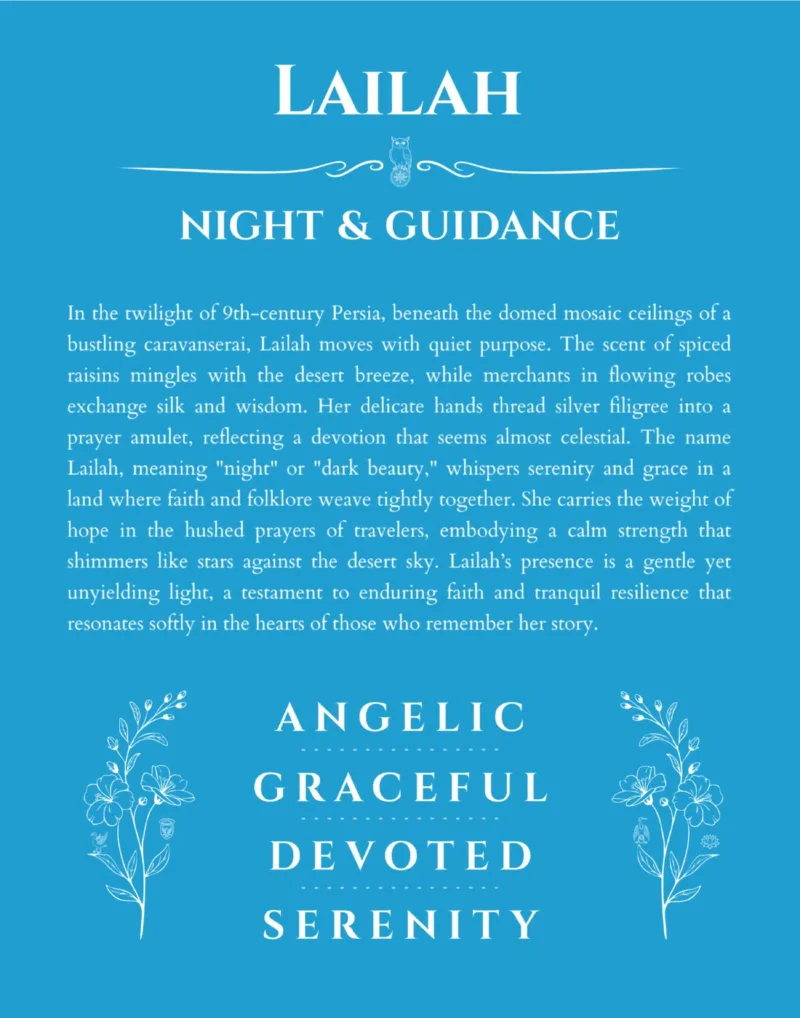 Lailah name origin print with meaning and traits in blue