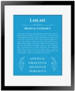 Lailah name origin print with meaning and traits in blue with black matte frame