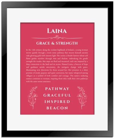 Laina personalized name print with origin and traits in red with black matte frame