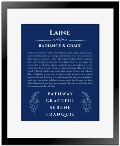 Laine name meaning wall art by Get Your Story in deep blue with black matte frame