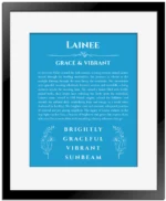 Lainee name origin print with meaning and traits in blue with black matte frame