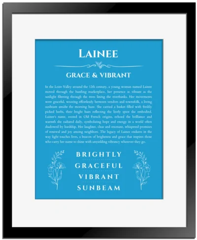 Lainee name origin print with meaning and traits in blue with black matte frame