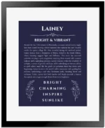 Lainey personalized name print with origin and traits in navy blue with black matte frame
