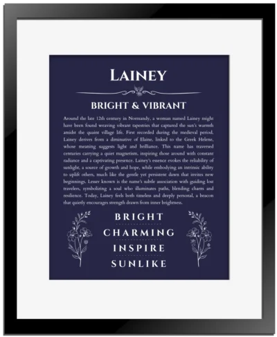 Lainey personalized name print with origin and traits in navy blue with black matte frame