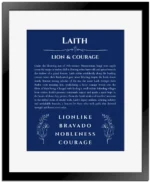 Laith custom name art showing meaning and origin in deep blue with black matte frame
