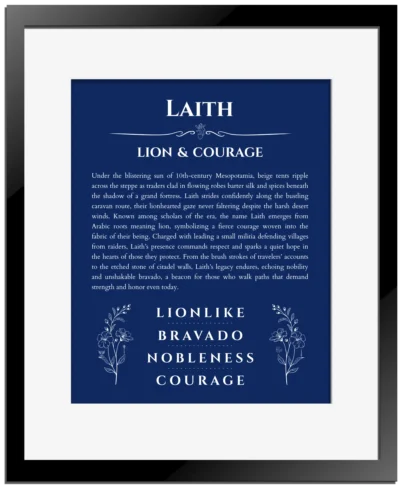 Laith custom name art showing meaning and origin in deep blue with black matte frame