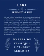 Lake name origin print with meaning and traits in deep blue