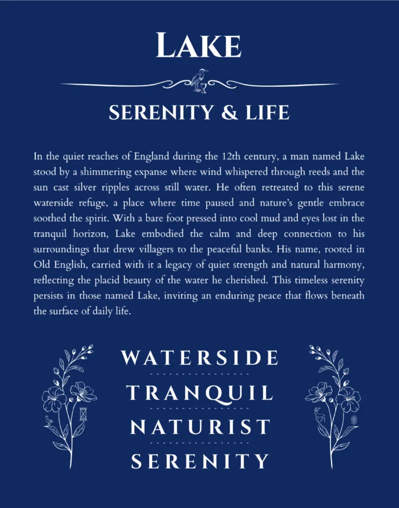 Lake name origin print with meaning and traits in deep blue
