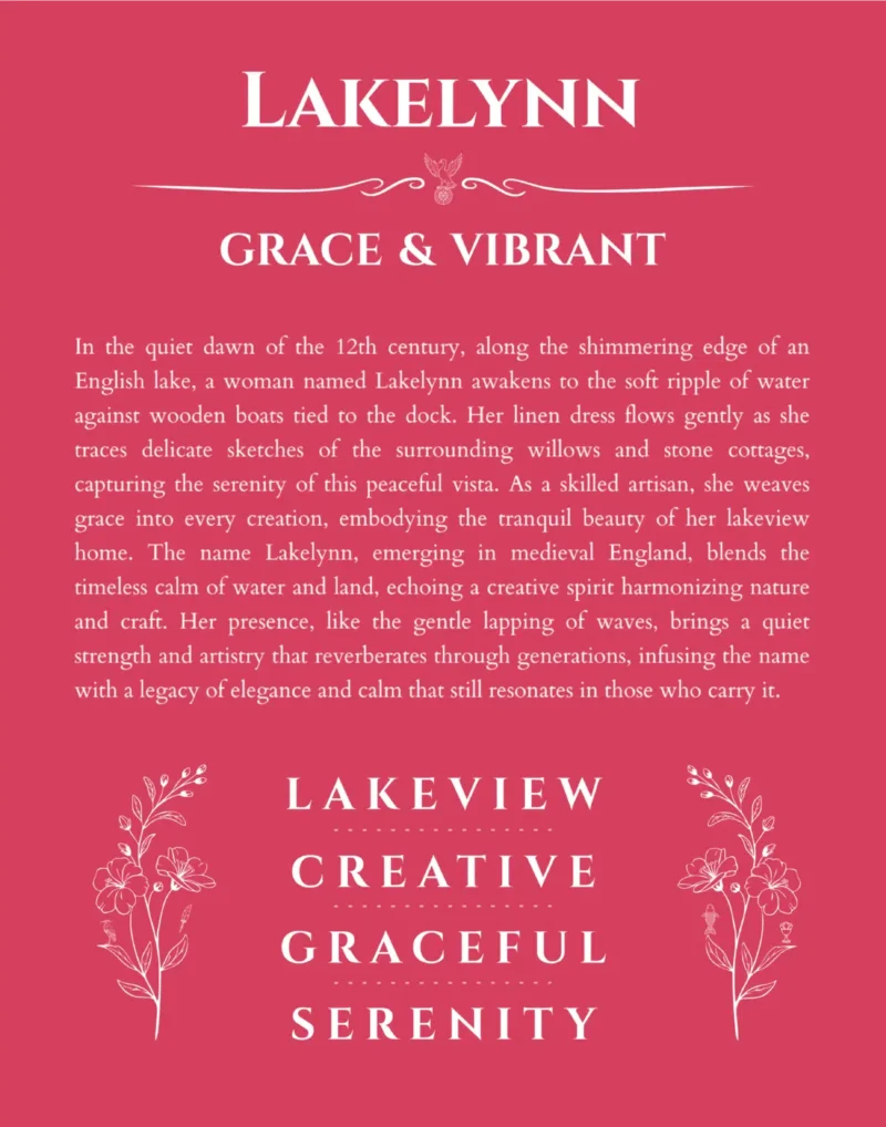 Lakelynn custom name art showing meaning and origin in red