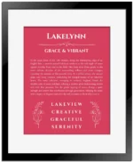 Lakelynn custom name art showing meaning and origin in red with black matte frame