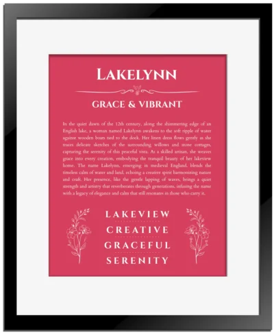 Lakelynn custom name art showing meaning and origin in red with black matte frame