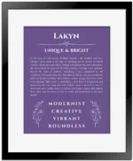 Lakyn personalized wall art with the story of your name in purple with black matte frame
