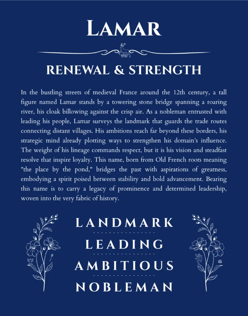 Lamar name origin print with meaning and traits in deep blue
