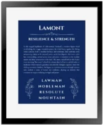 Lamont personalized wall art with the story of your name in deep blue with black matte frame