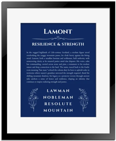 Lamont personalized wall art with the story of your name in deep blue with black matte frame