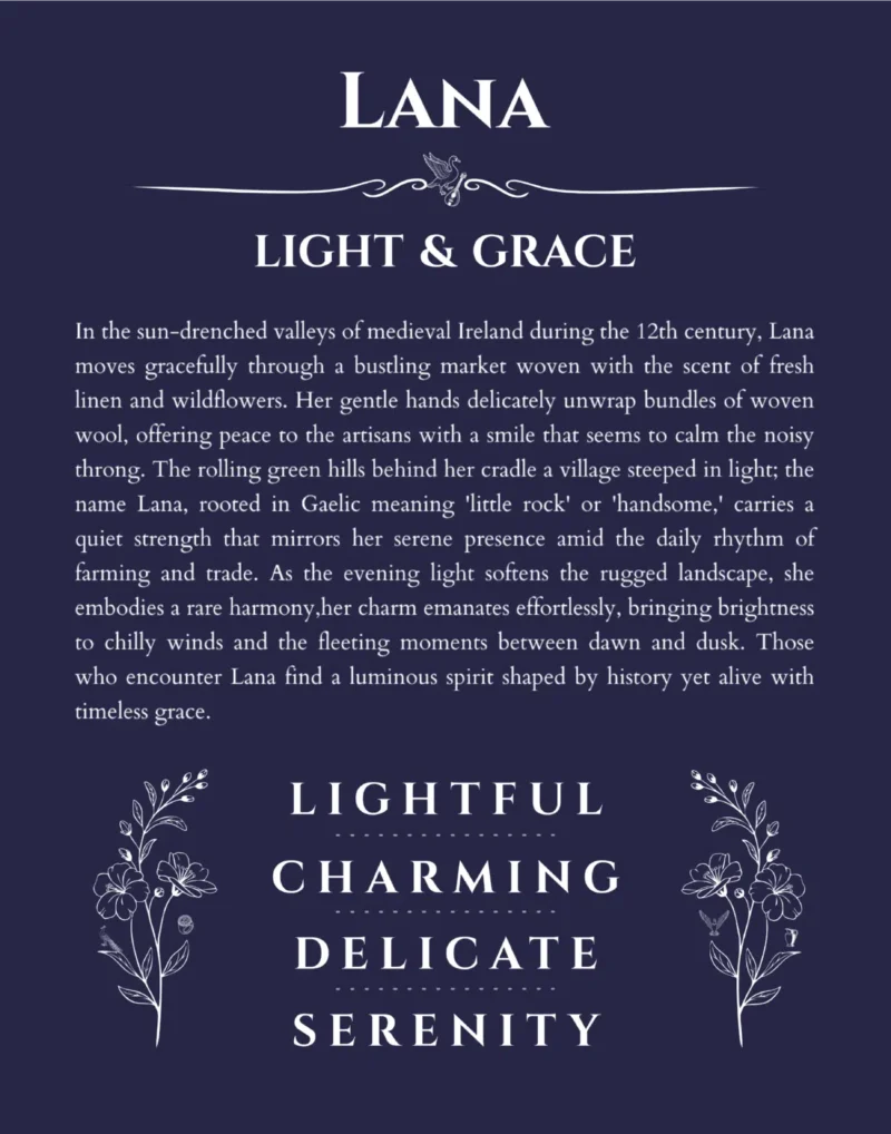 Lana personalized name print with origin and traits in navy blue