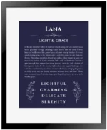 Lana personalized name print with origin and traits in navy blue with black matte frame