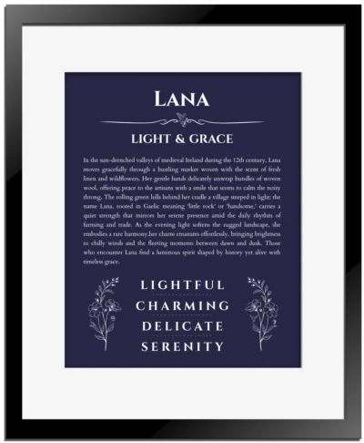 Lana personalized name print with origin and traits in navy blue with black matte frame