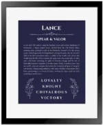 Lance personalized name meaning print in navy blue with black matte frame