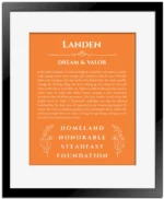 Landen personalized wall art with the story of your name in orange with black matte frame