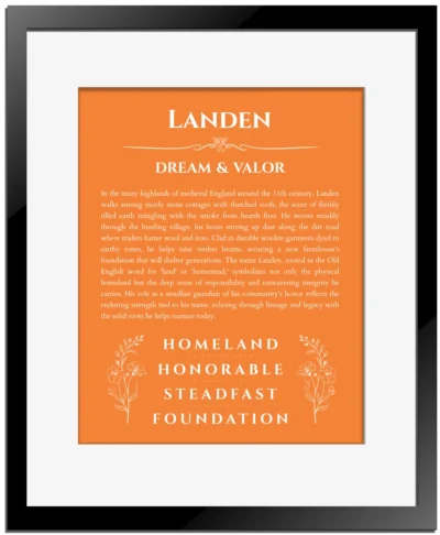 Landen personalized wall art with the story of your name in orange with black matte frame