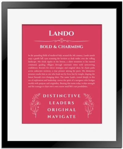Lando name meaning wall art by Get Your Story in red with black matte frame