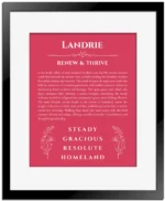 Landrie name origin print with meaning and traits in red with black matte frame