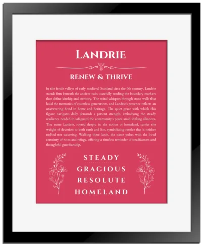 Landrie name origin print with meaning and traits in red with black matte frame