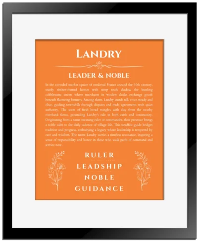 Landry name meaning gift print in orange with black matte frame