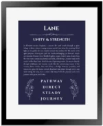 Lane personalized wall art with the story of your name in navy blue with black matte frame