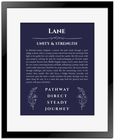 Lane personalized wall art with the story of your name in navy blue with black matte frame