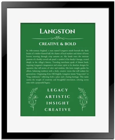 Langston personalized name meaning print in dark green with black matte frame