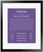 Laniyah name meaning wall art by Get Your Story in purple with black matte frame